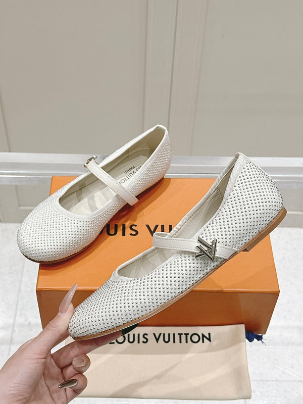 LV SS25 Romy Flat Ballerina Rivets White Sheepskin