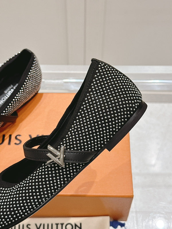 LV SS25 Romy Flat Ballerina Rivets Black Sheepskin