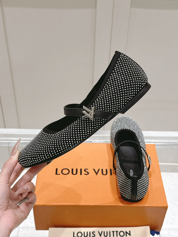 LV SS25 Romy Flat Ballerina Rivets Black Sheepskin