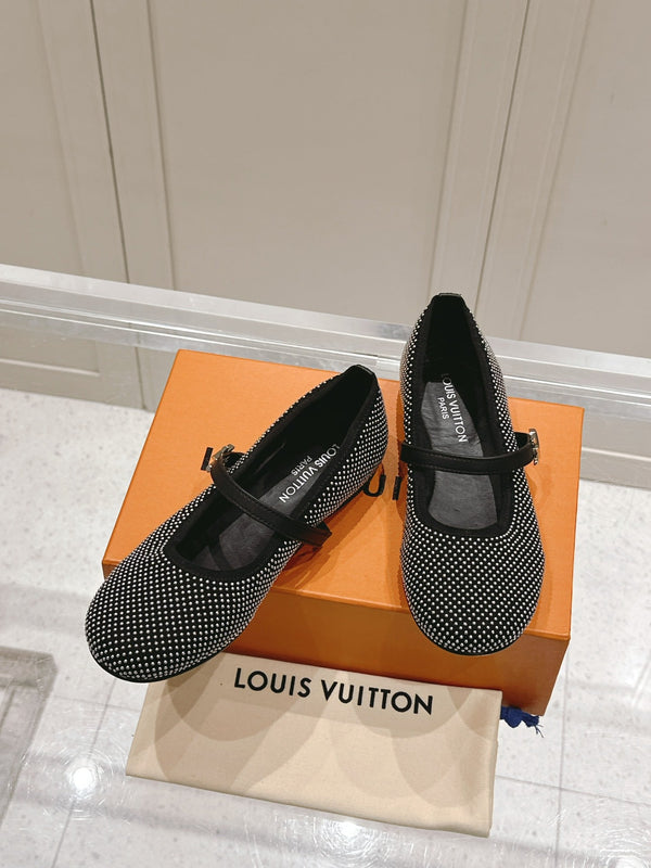 LV SS25 Romy Flat Ballerina Rivets Black Sheepskin