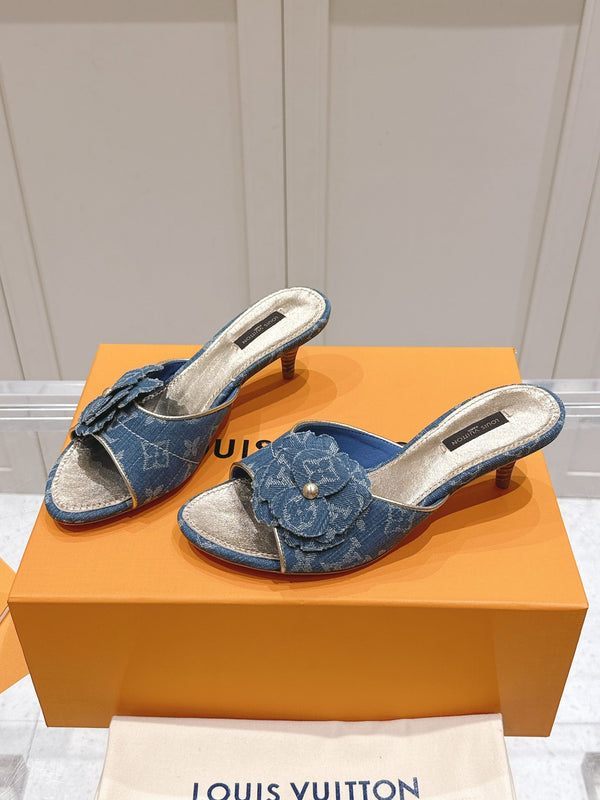 LV Floral Embroidered High Heels Blue Monogram Denim 480506