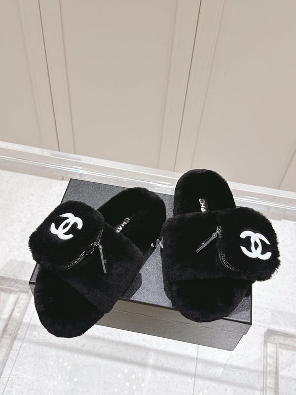 Chanel 25A Early Autumn Slippers Black Wool 393078