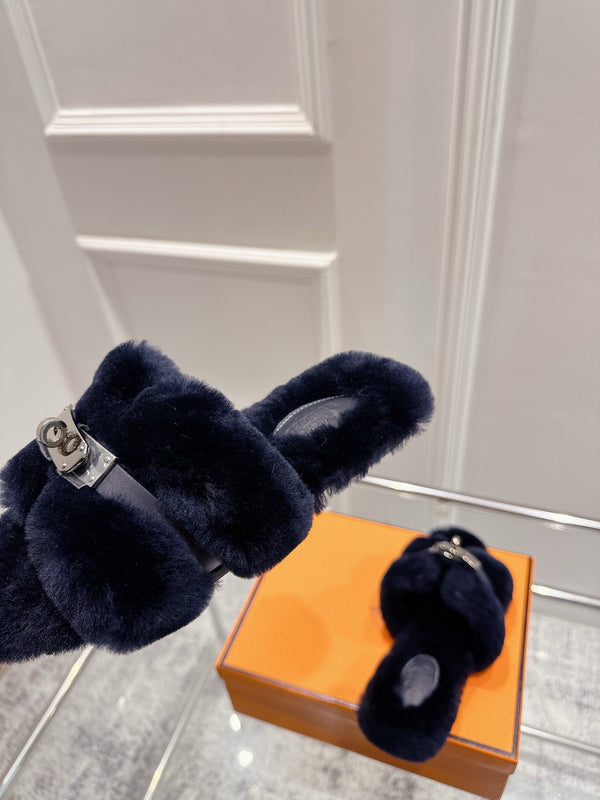 HM Oran slippers sliver buckle navy blue wool