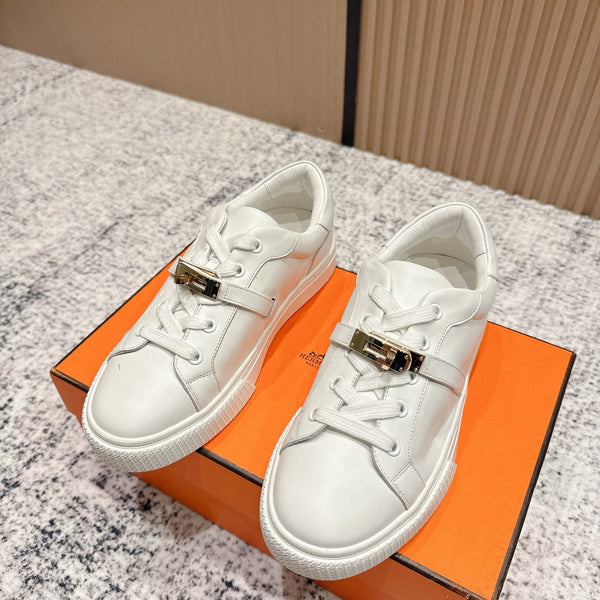 HM Casual Sneakers Gold Buckle White Leather