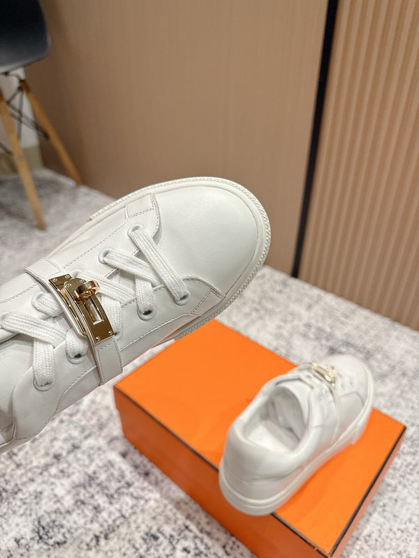 HM Casual Sneakers Gold Buckle White Leather