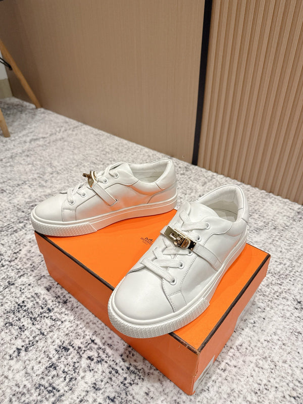 HM Casual Sneakers Gold Buckle White Leather