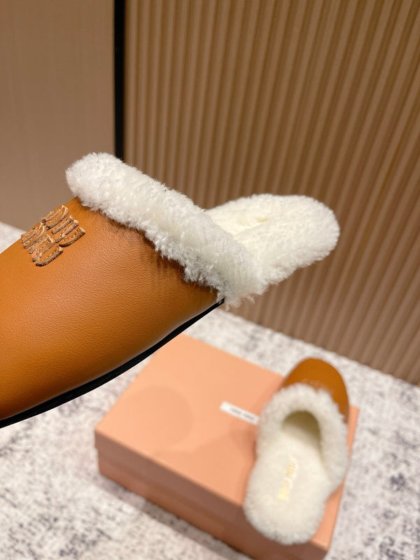 Miu Shearling-Lined Mules Brown Cowhide 481433