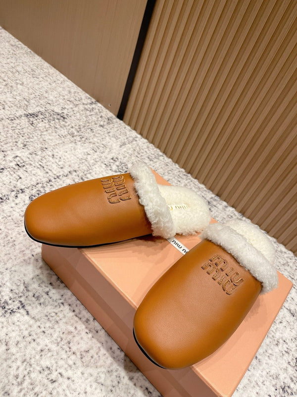 Miu Shearling-Lined Mules Brown Cowhide 481433