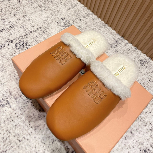Miu Shearling-Lined Mules Brown Cowhide 481433