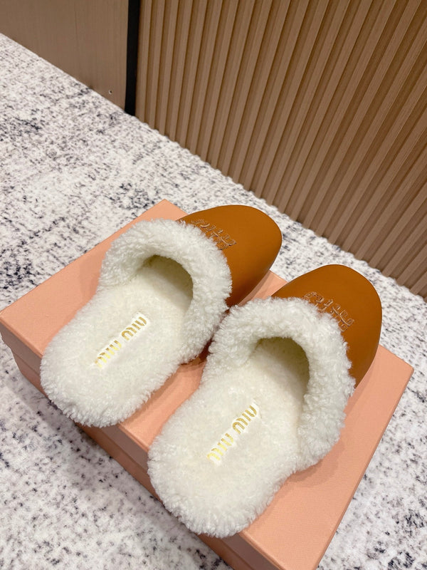 Miu Shearling-Lined Mules Brown Cowhide 481433