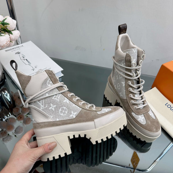 LV Laureate Desert Boot 70mm Grigio Marrone Monogram Tessuto Mix Scamosciato
