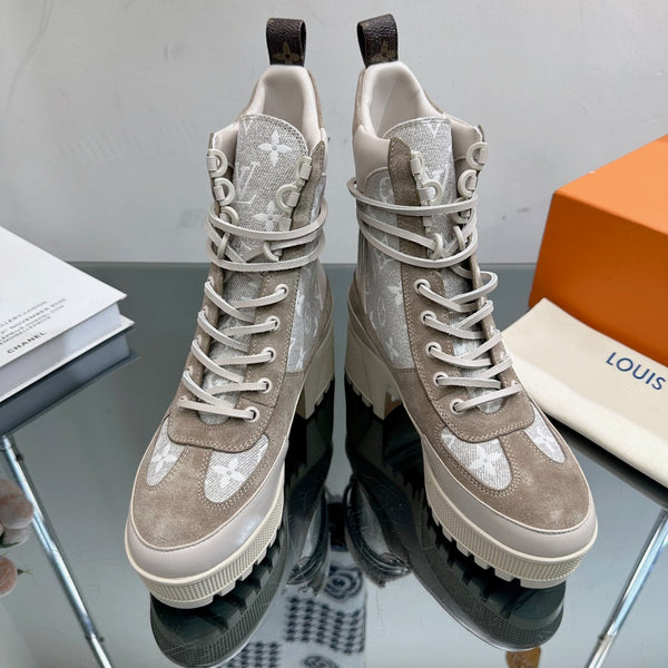LV Laureate Desert Boot 70mm Grigio Marrone Monogram Tessuto Mix Scamosciato