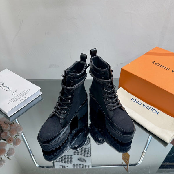 LV Laureate Platform Desert Boot 70mm Tessuto misto pelle bovina nera