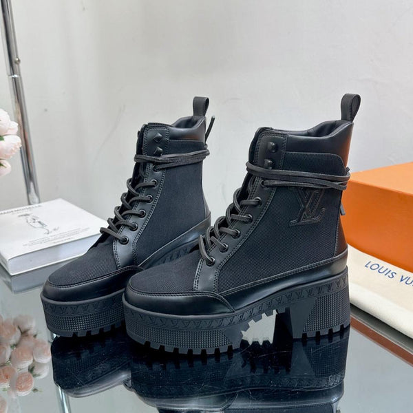 LV Laureate Platform Desert Boot 70mm Tessuto misto pelle bovina nera