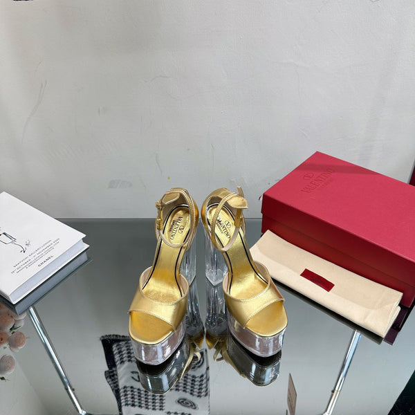 SANDALO ALTO 14CM IN VITELLO ORO E PVC TRASPARENTE