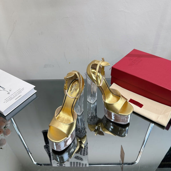 SANDALO ALTO 14CM IN VITELLO ORO E PVC TRASPARENTE