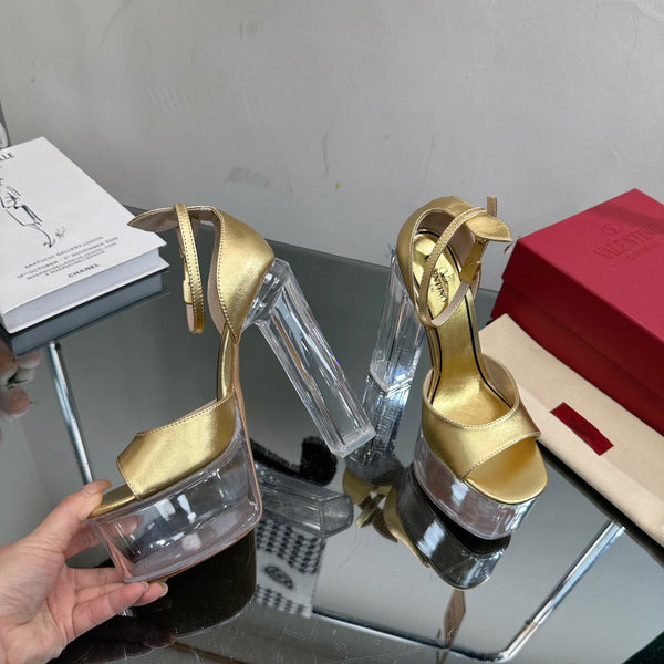 SANDALO ALTO 14CM IN VITELLO ORO E PVC TRASPARENTE