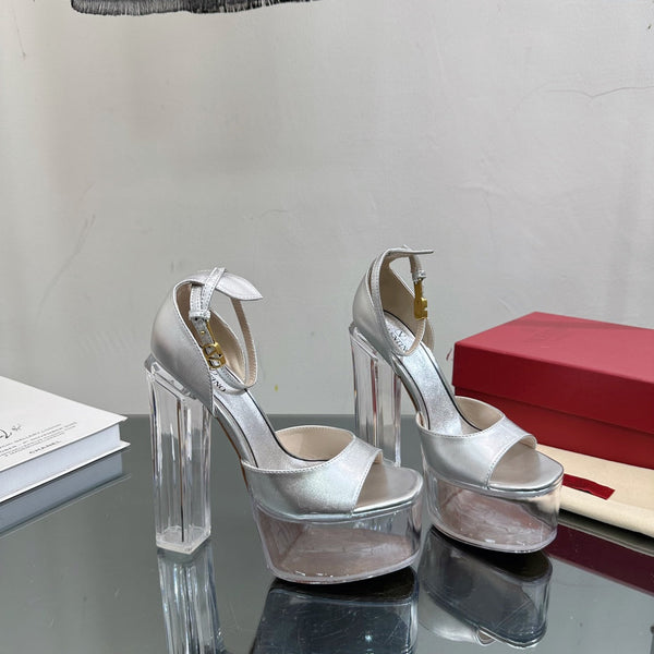 SANDALO ALTO 14CM IN VITELLO ARGENTO E PVC TRASPARENTE