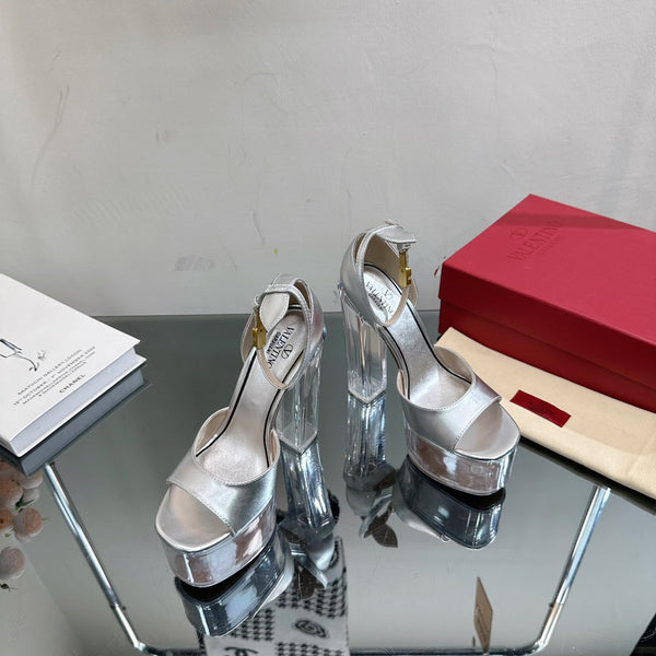 SANDALO ALTO 14CM IN VITELLO ARGENTO E PVC TRASPARENTE