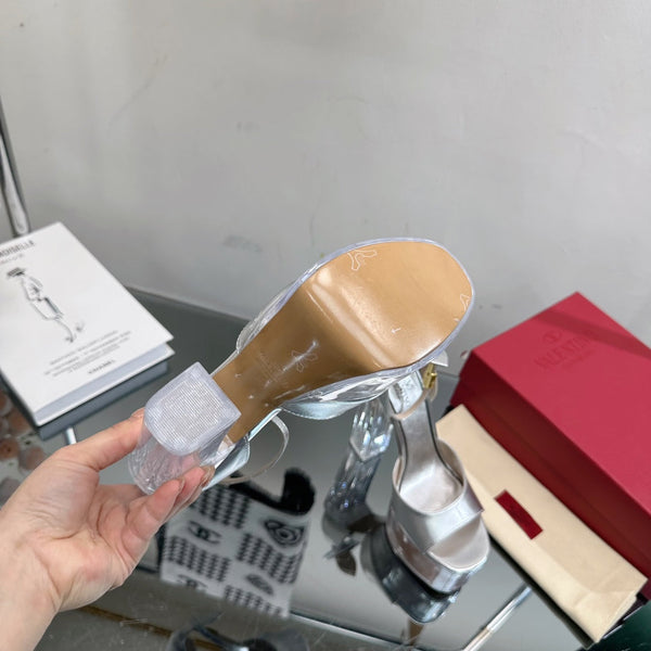 SANDALO ALTO 14CM IN VITELLO ARGENTO E PVC TRASPARENTE