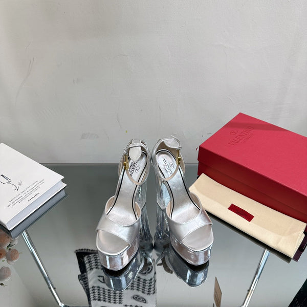 SANDALO ALTO 14CM IN VITELLO ARGENTO E PVC TRASPARENTE