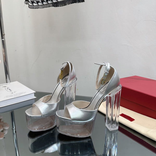 SANDALO ALTO 14CM IN VITELLO ARGENTO E PVC TRASPARENTE