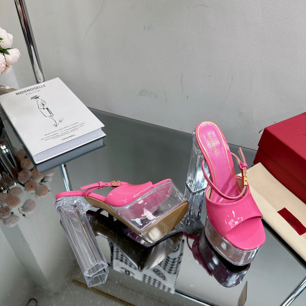 SANDALO TACCO ALTO 14 CM IN VITELLO ROSA BRILLANTE E PVC TRASPARENTE