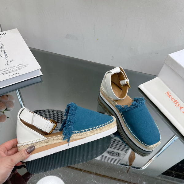 SANDALO ESPADRILLAS SEE BY CHLOÉ IN TESSUTO BLU CERULEO E PELLE DI VITELLO BIANCA
