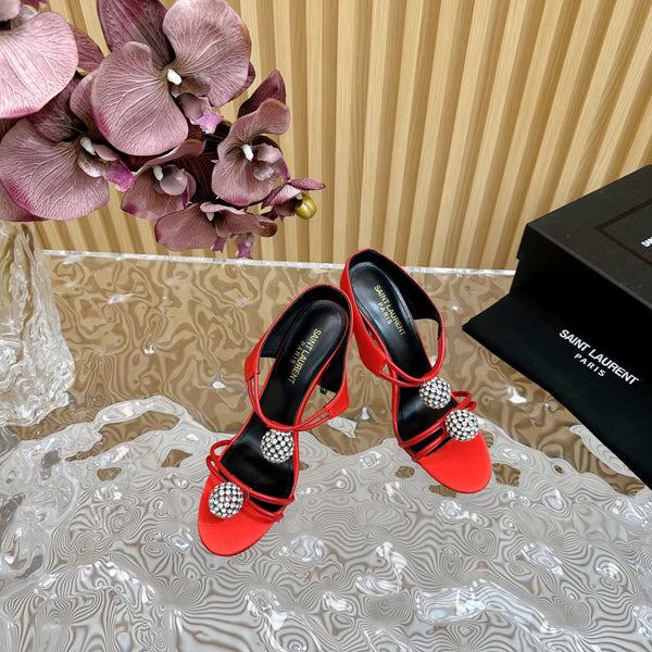 SL POM CIRCLE CRYSTAL HEELED SANDALS RED SATIN