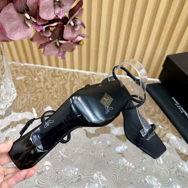 SL STRAP CRYSTAL HIGH SANDAL BLACK SATIN