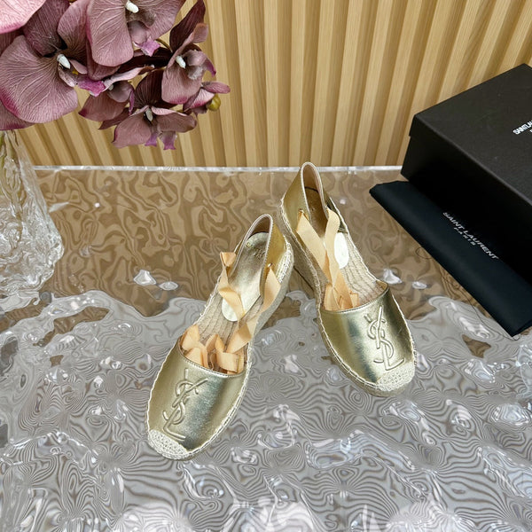 SL WEDGE SANDALS METALLIC GOLD CALFSKIN AND STRAW