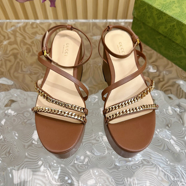 GG PLATFORM SANDAL CARAMEL CALFSKIN WITH CHAINS