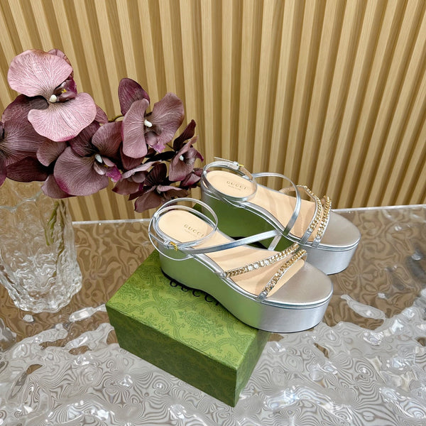GG PLATFORM SANDAL SILVER CALFSKIN WITH CHAINS