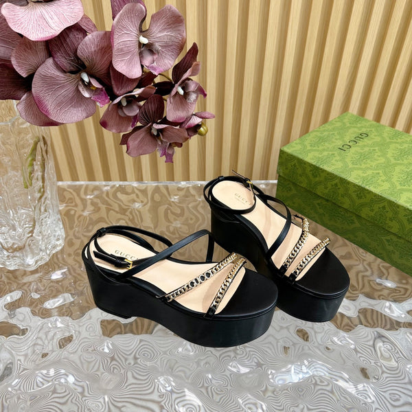 GG PLATFORM SANDAL BLACK CALFSKIN WITH CHAINS