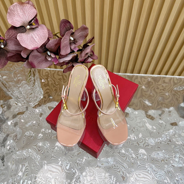 SANDALO CON TACCO ALTO 14 CM IN VITELLO NUDE TAN E PVC TRASPARENTE