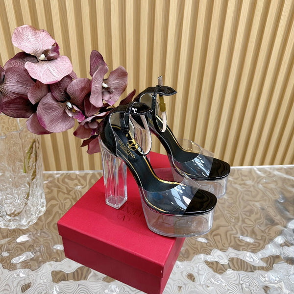 SANDALO ALTO 14CM IN VITELLO NERO E PVC TRASPARENTE