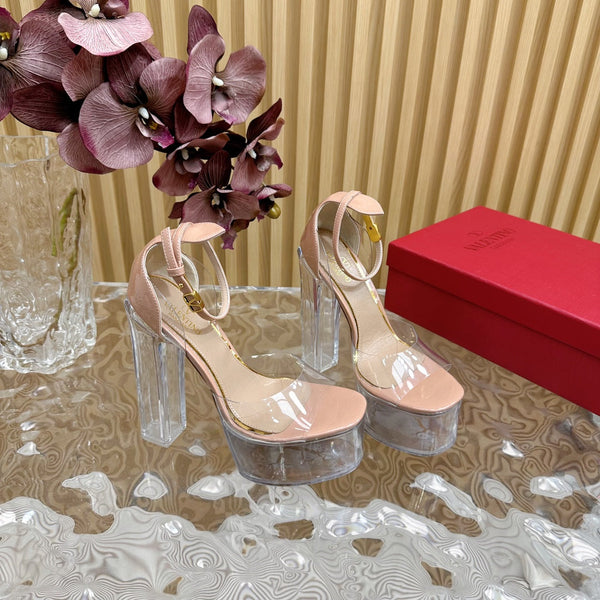 HIGH SANDAL 14CM IN NUDE TAN CALFSKIN AND TRANSPARENT PVC
