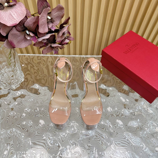HIGH SANDAL 14CM IN NUDE TAN CALFSKIN AND TRANSPARENT PVC