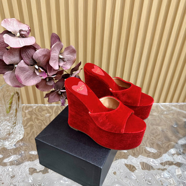 ALAIA PLATFORM WEDGE IN CHERRY RED VELVET WITH HEART EMBROIDERED