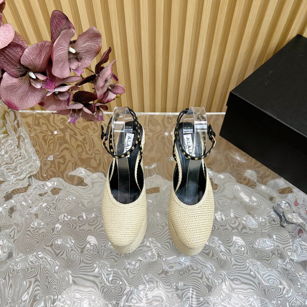 SANDALI ALAIA LA CON ZEPPA IN PAGLIA DI CARTA BIANCA