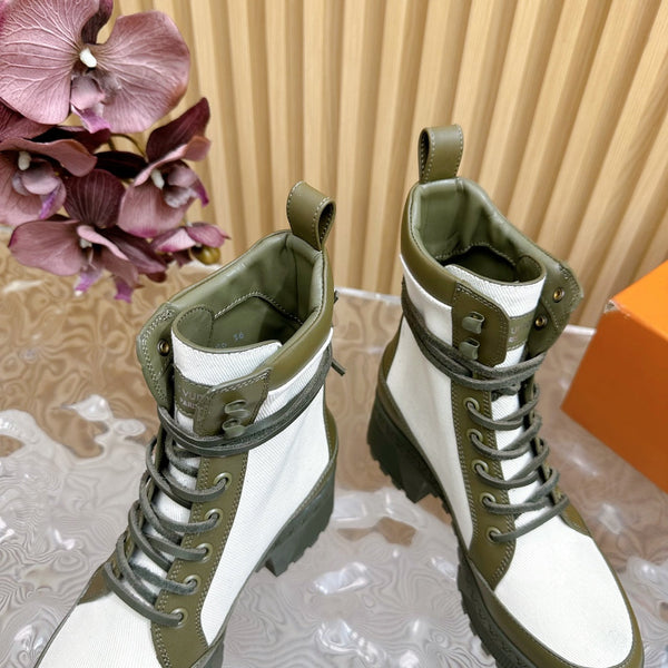 LV Laureate Platform Desert Boot 70mm Tessuto denim verde kaki bianco
