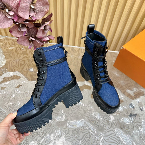 LV Laureate Platform Desert Boot 70mm Tessuto denim blu scuro
