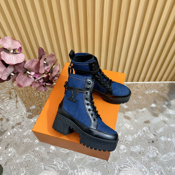 LV Laureate Platform Desert Boot 70mm Tessuto denim blu scuro