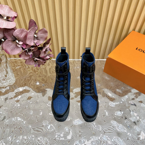 LV Laureate Platform Desert Boot 70mm Tessuto denim blu scuro