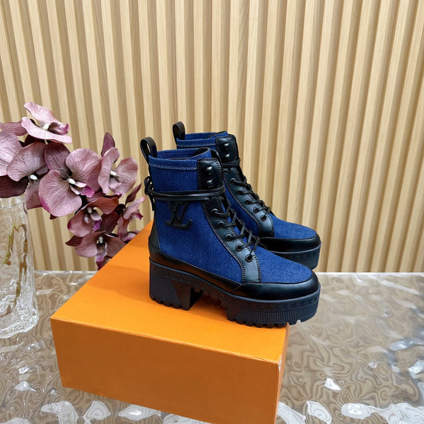 LV Laureate Platform Desert Boot 70mm Tessuto denim blu scuro