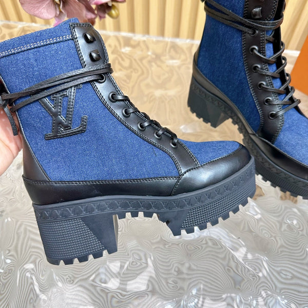 LV Laureate Platform Desert Boot 70mm Tessuto denim blu scuro