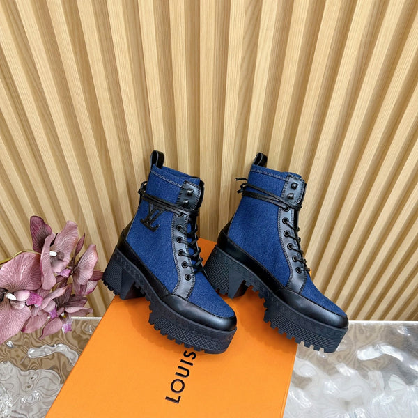 LV Laureate Platform Desert Boot 70mm Tessuto denim blu scuro