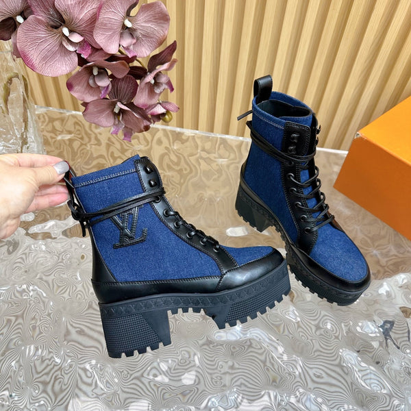 LV Laureate Platform Desert Boot 70mm Tessuto denim blu scuro