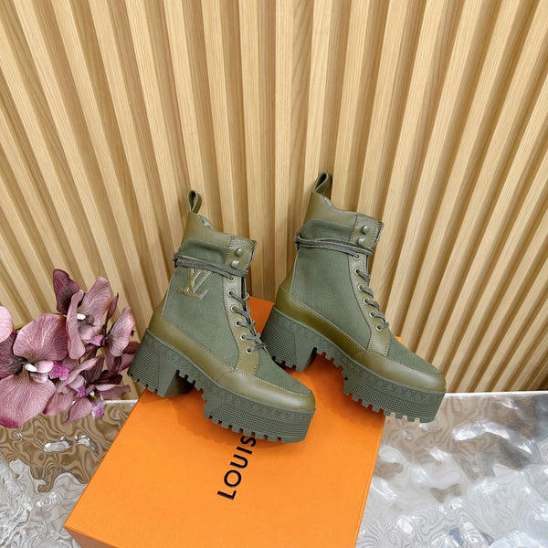 LV Laureate Platform Desert Boot 70mm Tessuto denim verde kaki