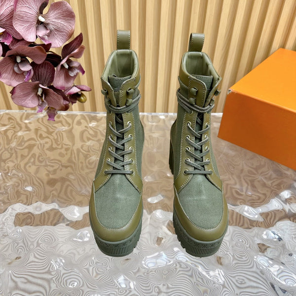 LV Laureate Platform Desert Boot 70mm Tessuto denim verde kaki